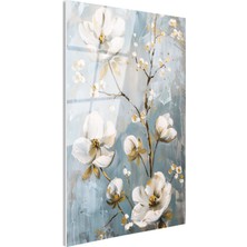 Tablofest Tamperli Gerçek Cam Tablo Altın Yaldız Detaylı Beyaz Dallar Çiçek Tablosu Duvar Dekoru