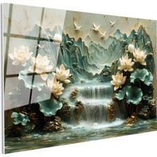 Tablofest Tamperli Gerçek Cam Tablo Şelaleli Dağ Nilüfer Bahçesi Çiçek Tablosu Duvar Dekoru