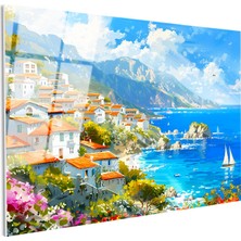 Tablofest Tamperli Gerçek Cam Tablo Akdeniz Sahil Kasabası Yelkenli ve Deniz Manzara Tablosu Duvar Dekoru