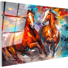 Tablofest Tamperli Gerçek Cam Tablo Sanatsal Boyama Tekniği Ikili At Tablosu Duvar Dekoru