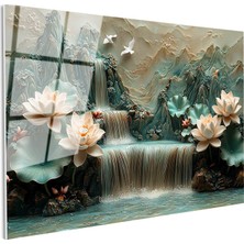 Tablofest Tamperli Gerçek Cam Tablo Kabartma Görünümlü Şelale ve Lotus Çiçek Tablosu Duvar Dekoru