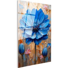 Tablofest Tamperli Gerçek Cam Tablo Kabartma Görünümlü Mavi Çiçek Tablosu Duvar Dekoru