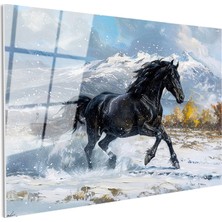Tablofest Tamperli Gerçek Cam Tablo Karlı Zemin Koşan Siyah At Tablosu Duvar Dekoru