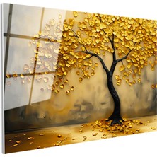 Tablofest Tamperli Gerçek Cam Tablo Altın Yapraklı Estetik Ağaç Çiçek Tablosu Duvar Dekoru