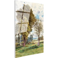 Tablofest Tamperli Gerçek Cam Tablo T.s.c. Ağaç Altı Çiftlik Manzarası Inekler ve Figür Ressam Tablosu Dekoru