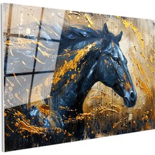 Tablofest Tamperli Gerçek Cam Tablo Altın Boya Efektli Siyah At At Tablosu Duvar Dekoru
