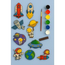 Kidewo Uzay Roket Temalı Ahşap Boyama Etkinlik Seti Eğitici Çocuk Aktivite Fırça Akrilik Boya Kreş Okul