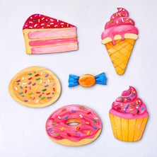 Kidewo Pasta ve Tatlılar Ahşap Boyama Etkinlik Seti Eğitici Çocuk Aktivite Fırça Akrilik Boya Kreş Okul