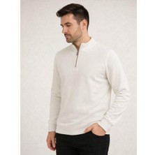 Yarım Fermuarlı Beyaz Basic Sweatshirt