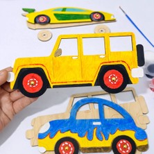 Kidewo Arabalar Ahşap Boyama Etkinlik Seti Eğitici Çocuk Aktivite + Fırça + Akrilik Boya Kreş Okul Öncesi