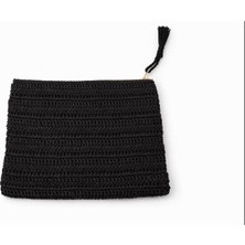 Chellomood - El Örgüsü Kağıt Ip Kadın Clutch / El Çantası – Siyah (Fermuarlı, 29×21 Cm)