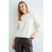 FullaModa Baklava Desenli Taş Detaylı Sakallı Triko Kazak