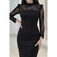 Tiana Kadın Uzun Kollu Balıkçı Yaka Dantel Detaylı Midi Ithal Krep Elbise