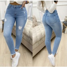 Gökyüzü Moda Kadın Yüksek Bel Yırtık Desenli Skınny Kot Pantolon