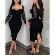 Arben Boutique Kadın Uzun Kollu Dantelli Büzgü Detaylı Yırtmaçlı Midi Sandy Elbise