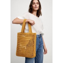 Chellomood - El Örgüsü Kağıt Ip Kadın Omuz / Shopper Çanta – Hardal Sarı (36×32 Cm, Askı Dahil 60 Cm, Fermuarsız)