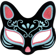 Siyah Renk Süet Kaplama Üzeri Mavi Kırmızı Simli Kedi Maskesi 17X14 cm - Lisinya