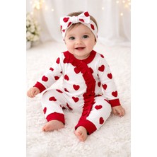 Aki Moda Kids Kırmızı Kalp Desenli Uzun Kollu Kız Bebek Tulum Bandanalı