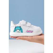 Lias Design Mavi Saçlı Anime Kız Baskılı Beyaz Bantlı Çocuk Spor Ayakkabı Sneaker