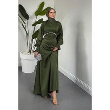 Merven Akyüz Silvana Beli Taşlı Arkası Büzgülü Abiye Haki