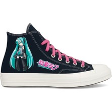 Mavi Saçlı Anime Baskılı Siyah Keten Bağcıklı Çocuk Spor Ayakkabı Sneaker