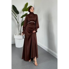 Merven Akyüz Silvana Beli Taşlı Arkası Büzgülü Abiye Kahverengi