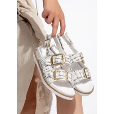 Olira Beyaz Simli Kemerli Sandalet - Lisinya