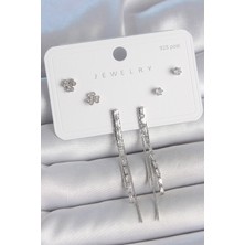 Pirinç Gümüş Renk Su Yolu Zirkon Taşlı Sallantı Model Çiçek Detay 925 Ayar Gümüş Çivi Kadın Küpe Seti - Lisinya