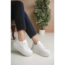 Craftique Beyaz Kadın Sneaker Spor Ayakkabı Kalın Yüksek Tabanlı Bağcıklı Hafif Günlük ve Şık Kullanım