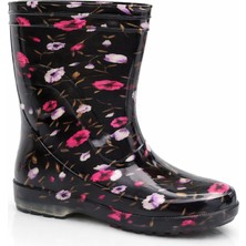 Fafatara Kadın Siyah Çiçekli Su Geçirmez Yağmur ve Bahçe Çizmesi – Kaymaz Tabanlı PVC Bot