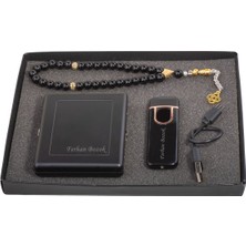 Hediye Shop Kişiye ve Isme Özel Siyah Slim Sigara Tabakası, Şarjlı Çakmak ve Tesbih Seti