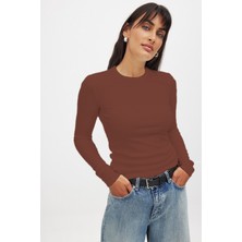 CHEISU Kadın Kiremit Uzun Kollu Bisiklet Yaka T-Shirt Bluz Kaşkorse Fitilli