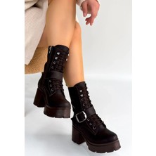 OEY Fashions Linma Acı Kahve Cilt Bağcıklı Topuklu Bot