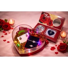 GezegenX Sevgiliye Hediye Seti, Ledli Kalpli Kutu Içinde Gerçek Incili Kolye, Bileklik, Ayarlanabilir Yüzük