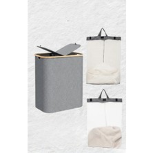 Elista Bambu Çerçeveli 150 Litre Kapaklı Katlanabilir Çamaşır Sepeti, 2 Bölmeli Kirli Sepeti (70 x 57 x 37)