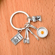 Şef Hediyelik, Tavada Yumurta, Blender, Çatal Kaşık Bıçak Silver Renk Metal Anahtarlık