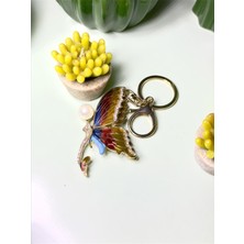 Renkli Incili Parlak Taşlı Zincirli Kelebek Metal Anahtarlık, Hediyelik Çanta Süsü