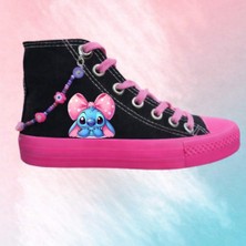 Lias Design Pembe Kurdela Mavi Laylocu Baskılı Siyah Pembe Taban Boncuk Detay Çocuk Spor Ayakkabı Sneaker