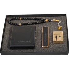 Hediye Shop Kişiye ve Isme Özel Siyah Slim Sigara Tabakası, Şarjlı Çakmak ve Tesbih Seti