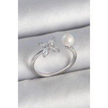 Pirinç Gümüş Renk Zirkon Taşlı Çiçek Model Inci Detay Ayarlanabilir Kadın Yüzük - Lisinya