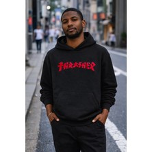 Camblys Trasher Kırmızı Yazı Ön Baskılı Oversize Kapüşonlu Sweatshirt
