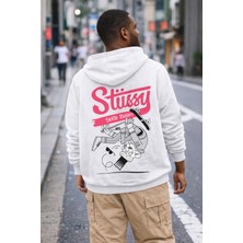 Camblys Unisex Stussy Kaykay Baskılı Oversize Kapüşonlu Sweatshirt