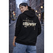 Camblys Unisex Sırt Stussy Yazı Baskılı Oversize Kapüşonlu Sweatshirt