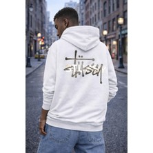 Camblys Unisex Sırt Stussy Yazı Baskılı Oversize Kapüşonlu Sweatshirt