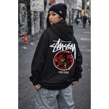 Camblys Unisex Sırt Ejderha Baskılı Oversize Kapüşonlu Sweatshirt