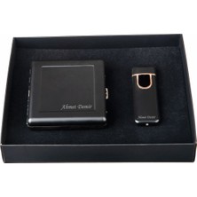 Hediye Shop Kişiye ve Isme Özel Siyah Metal Sigara Tabakası ve USB Şarjlı Çakmak Seti