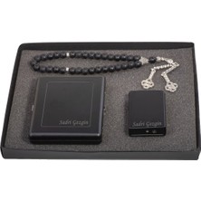 Hediye Shop Kişiye ve Isme Özel Siyah Slim Sigara Tabakası, Çakmak ve Tesbih Seti