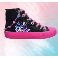 Lias Design Mor At Ponyci Baskılı Boncuk Detay Siyah Pembe Taban Çocuk Spor Ayakkabı Sneaker