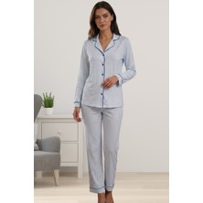 Effortt Mavi Önden Düğmeli Uzun Kol Kadın Pijama Takımı