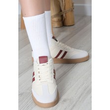 Lias Design Krem Rengi Bordo Çizgili Bağcıklı Spor Ayakkabı Snekaer